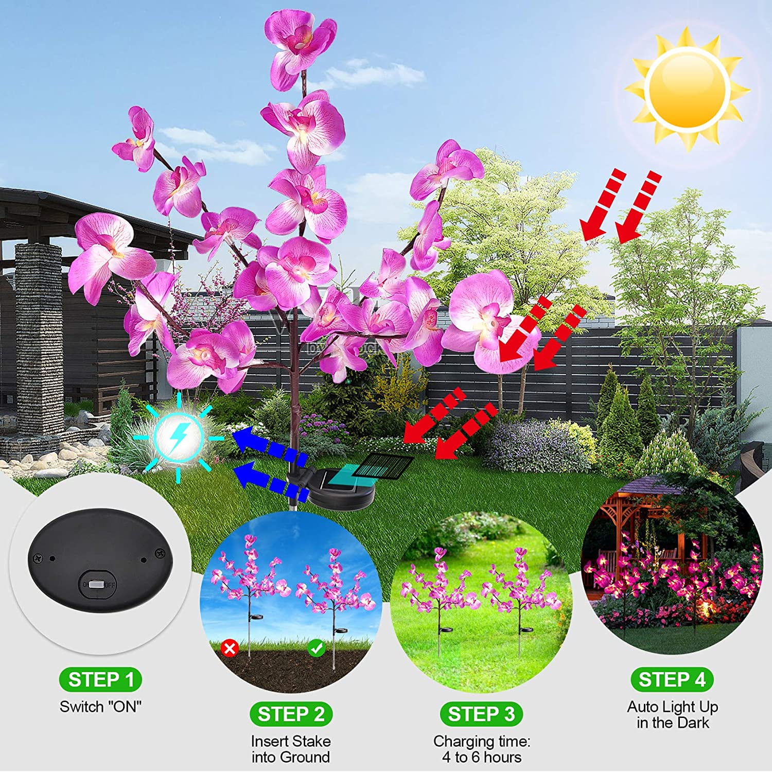 Rirool Solar Garden Stake Lights - Purple Pink Orchid Lights for Outdoor Garden, Lawn, Landscape, Driveway - Image 6