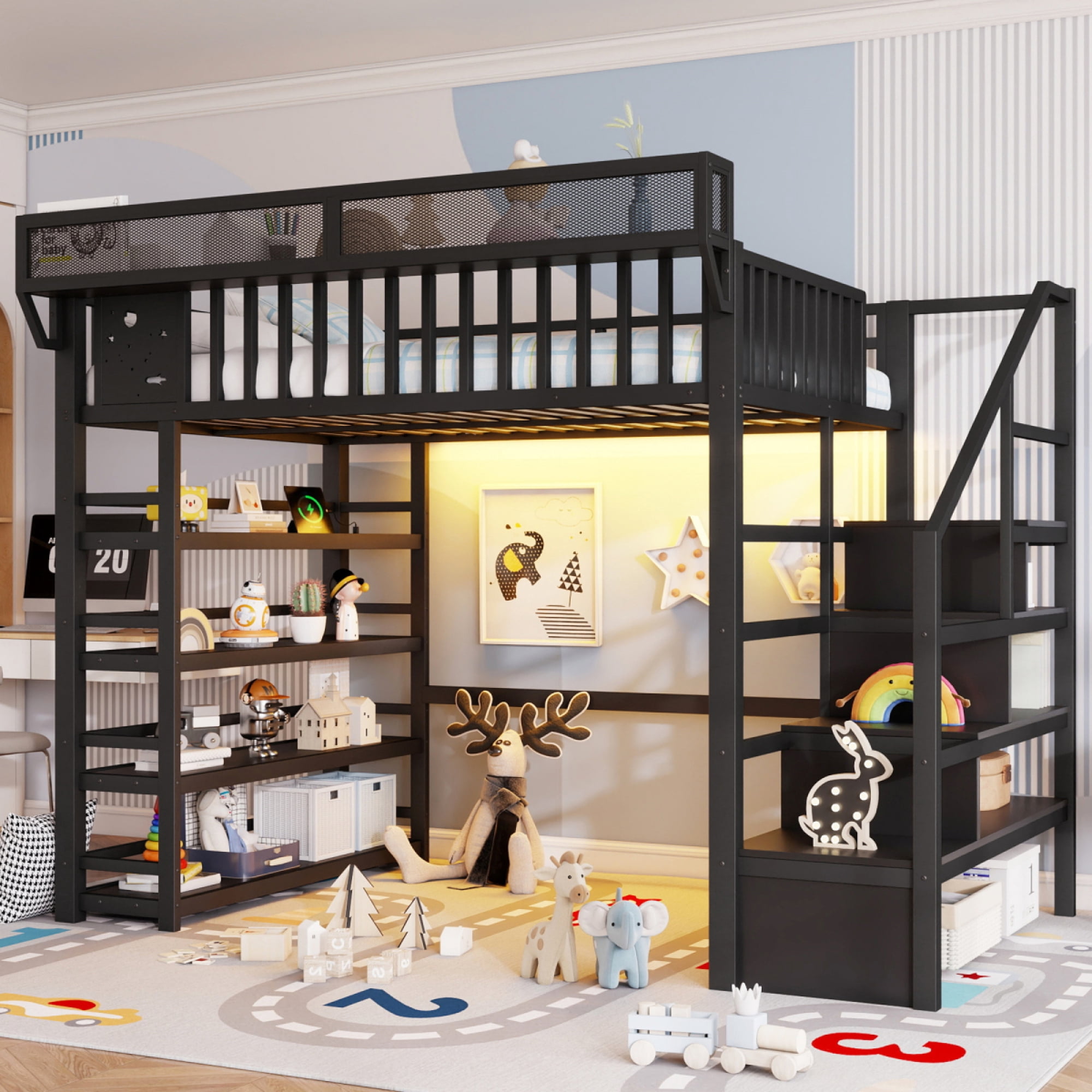Full Loft Bed with 4 Shelf Storage Rack and Charging Station, Metal Full Loft Bed with Stairs Storage for Bedroom,Black - Image 13