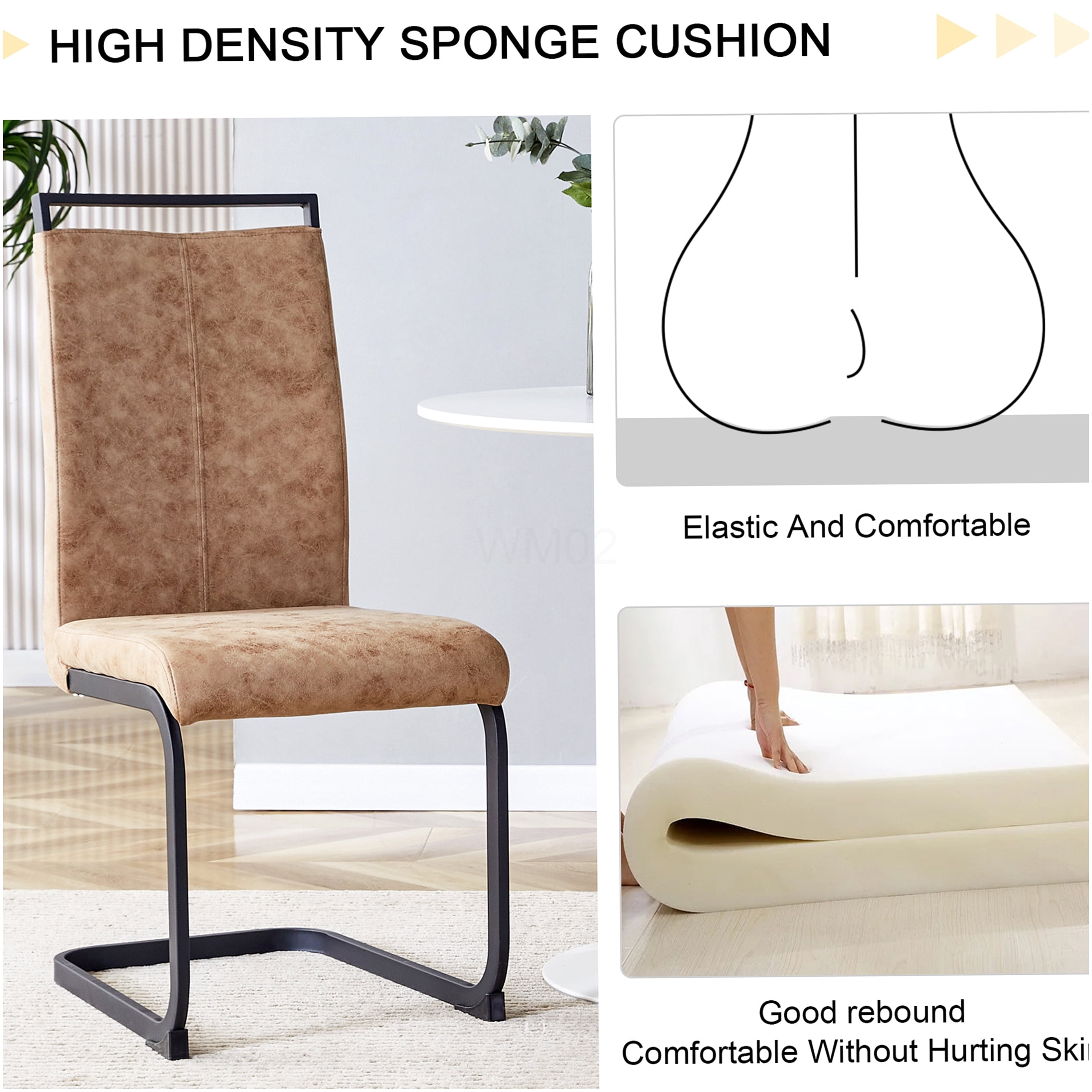 Brown Tech Cloth Dining Chairs Set of 2 - High Back Upholstered Side Chairs with C-Shaped Metal Legs for Kitchen, Dining Room, Office - Image 6
