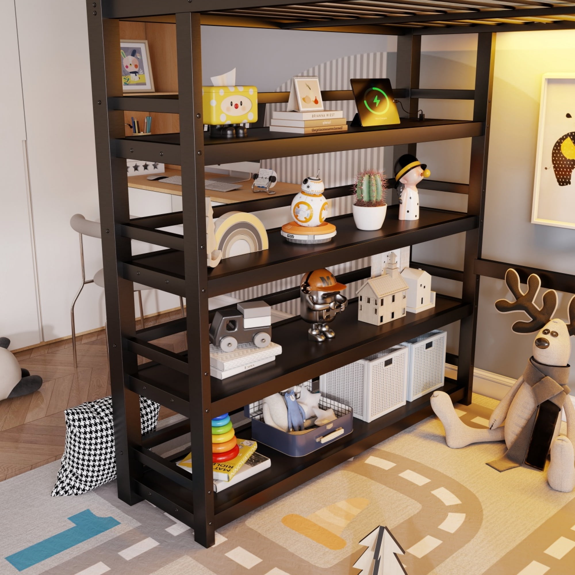 Full Loft Bed with 4 Shelf Storage Rack and Charging Station, Metal Full Loft Bed with Stairs Storage for Bedroom,Black - Image 6