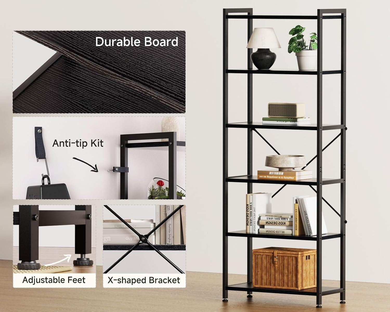 Book Shelf, 6/7 Tier Tall Bookshelf, Modern Wood Bookcase Shelves for Bedroom, Industrial Display Shelf for Living Room Home Office Kitchen, Standing Shelving Unit Storage Organizer - Image 2