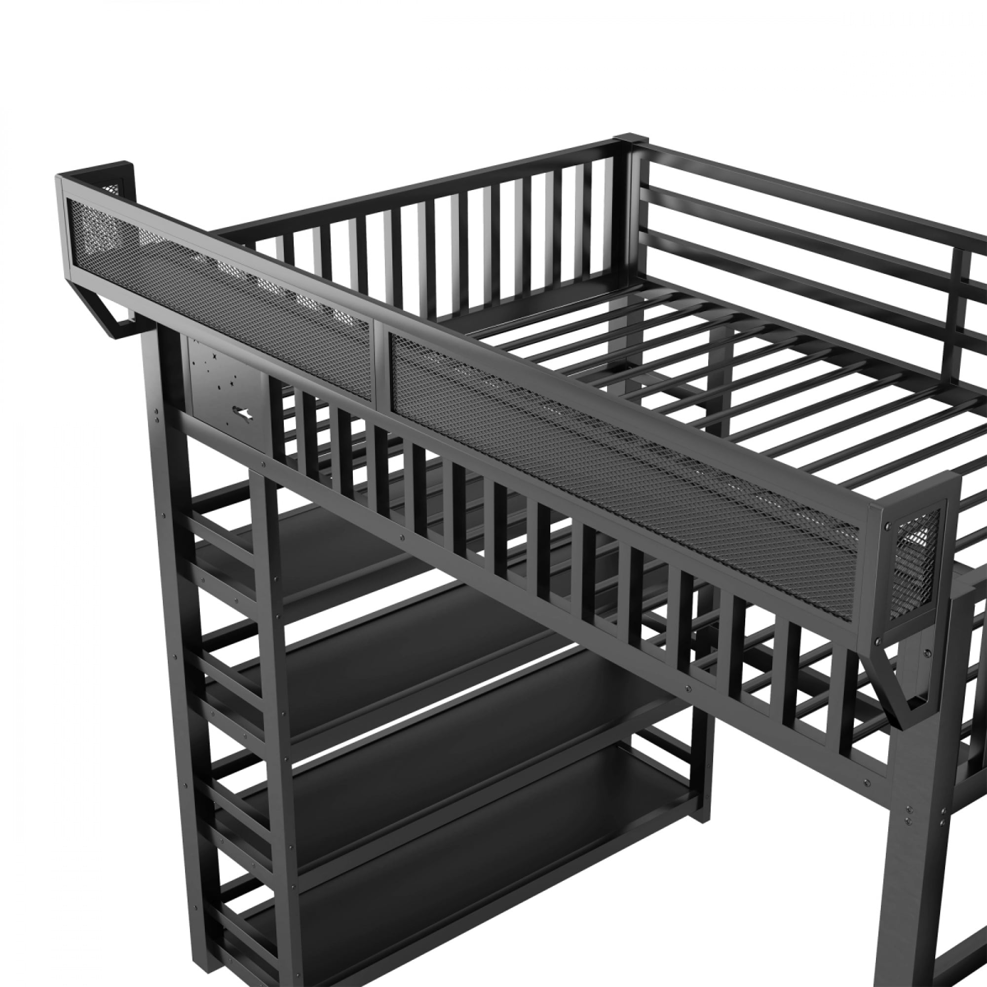 Full Loft Bed with 4 Shelf Storage Rack and Charging Station, Metal Full Loft Bed with Stairs Storage for Bedroom,Black - Image 10