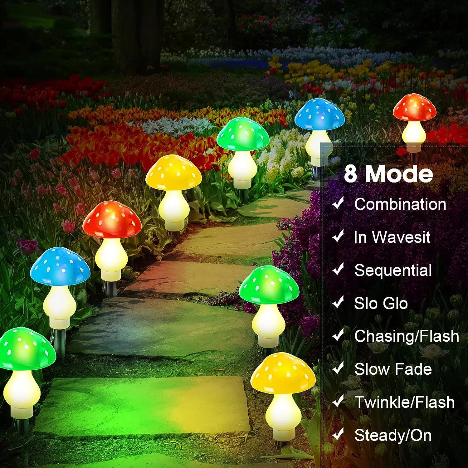 Rirool 8 Pack Solar Mushroom Lights Outdoor, 23ft Multicolor LED Fairy String Lights with 8 Modes, IP65 Waterproof for Garden Patio Yard Decor - Image 3