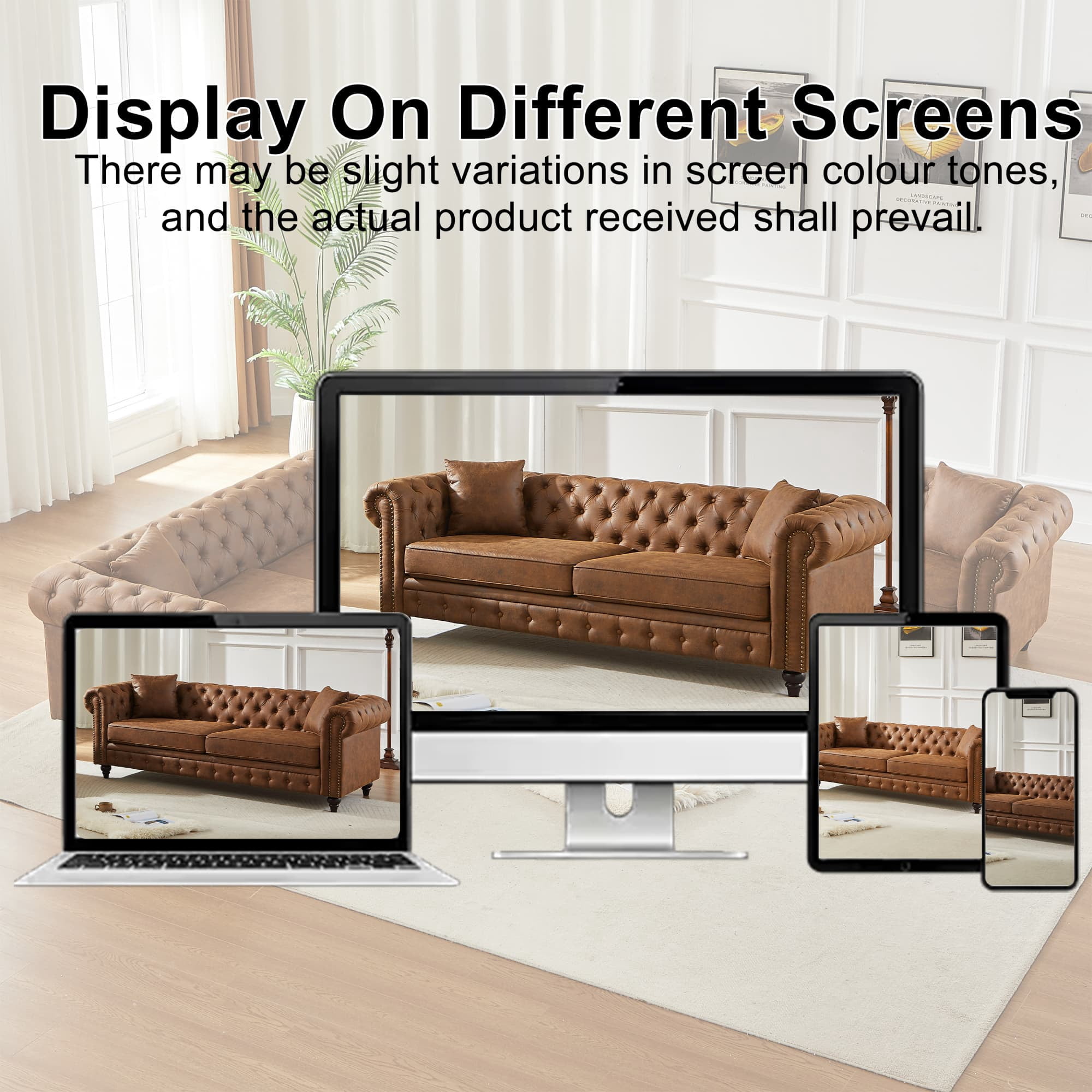 85.5" Rolled Arm 3 Seater Sofa, Tech Fabric Performance Couch with Button Tufted Design, Heavy Duty Wood Frame 750lbs Capacity, Brown - Image 4