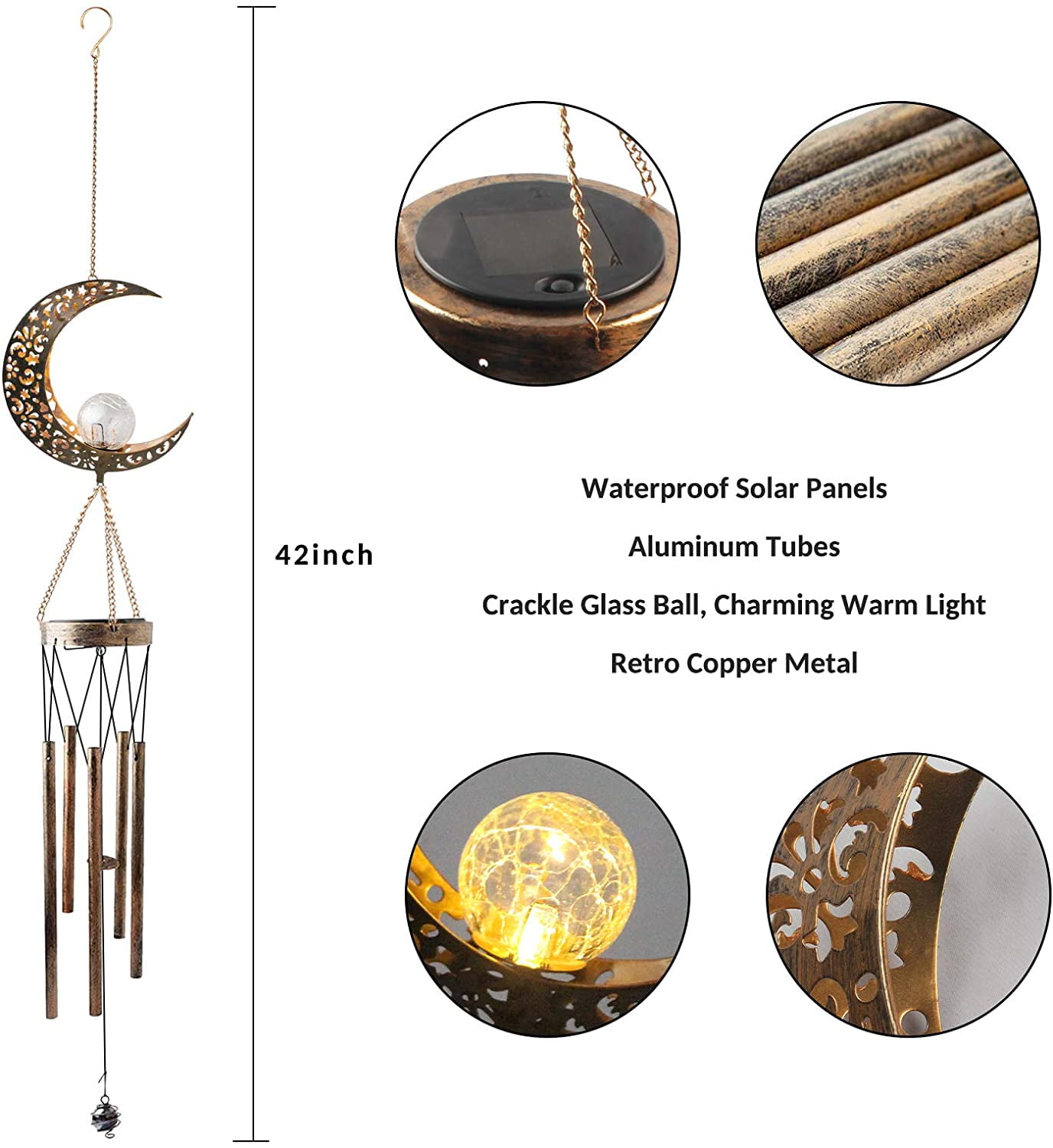 Rirool Solar Wind Chimes Retro Brass Moon Design with LED Crackle Glass Globe, 5 Metal Tubes, Warm Light, Outdoor Garden Decoration, Memorial Gift for Yard, Patio - Image 7