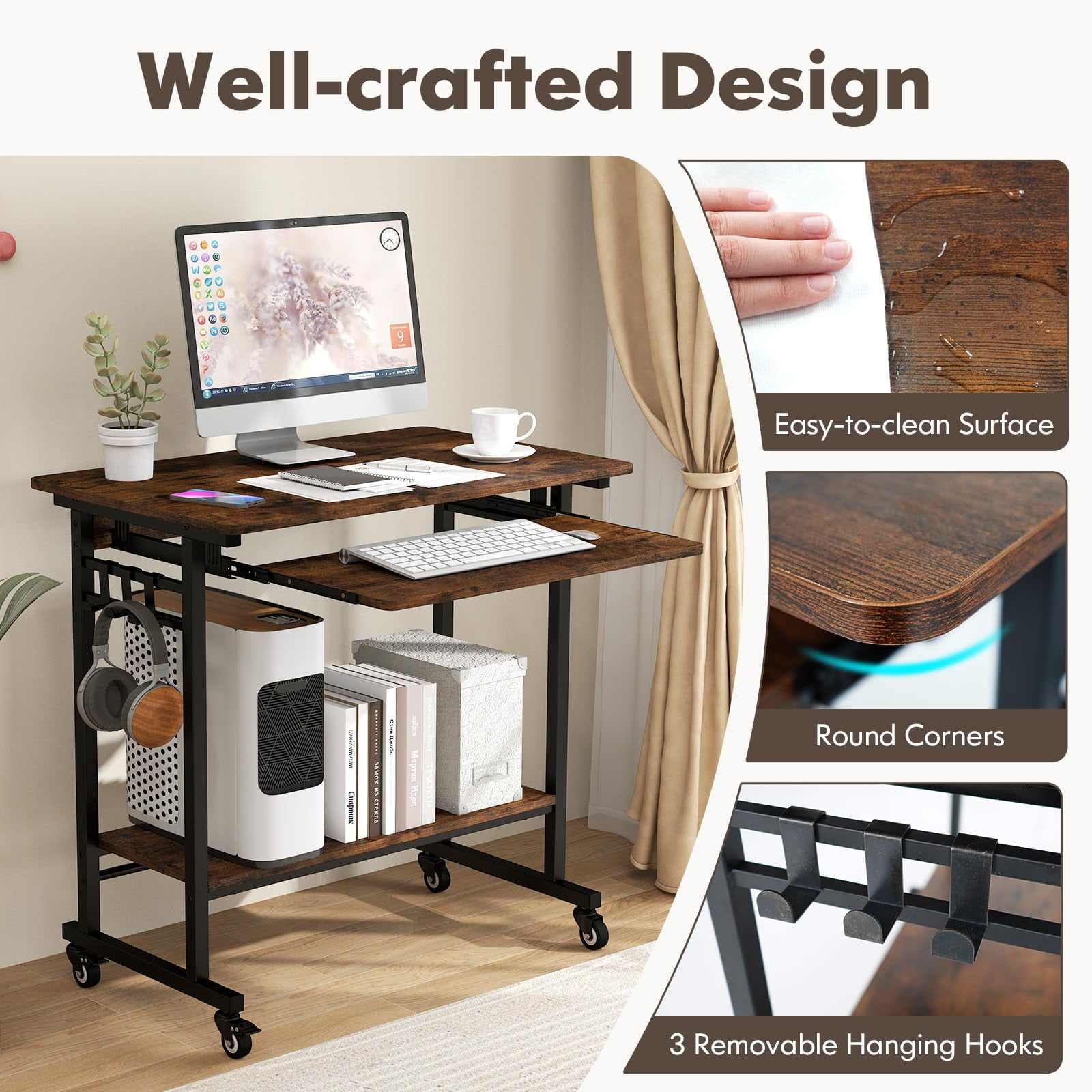 Small Rolling Computer Desk with Keyboard Tray, Portable Laptop Cart with CPU Stand & 3 Hooks, Space-Saving Workstation for Home Office - Image 4