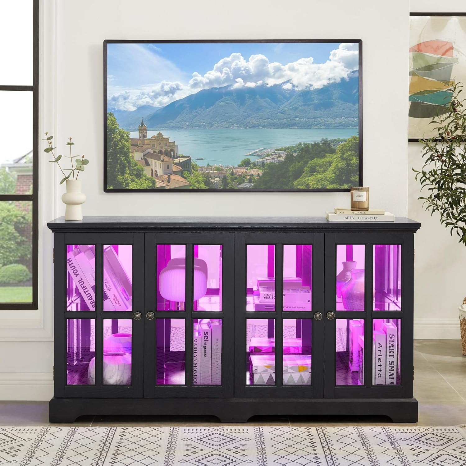 59" W LED Glass Display with 7 Color Lights, Vintage Curio Cabinet with 4 Glass Doors and Adjustable Shelves, Wooden China Case with Smartphone-Controlled for Living Room (Black) - Image 5