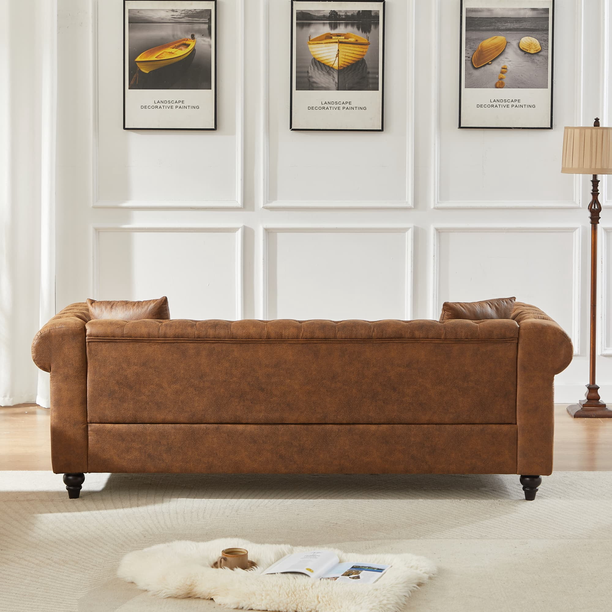 85.5" Rolled Arm 3 Seater Sofa, Tech Fabric Performance Couch with Button Tufted Design, Heavy Duty Wood Frame 750lbs Capacity, Brown - Image 12