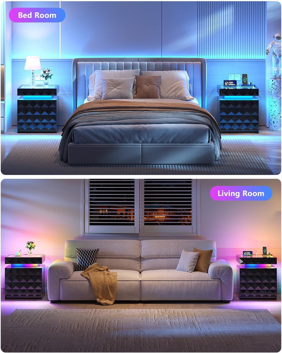 Bedside Table with Charger Station and RGB Lights, Nightstand with 3 Drawers and Sliding Top, Modern Night Stand with Human Body Sensor for Bedroom & Living Room - Image 10