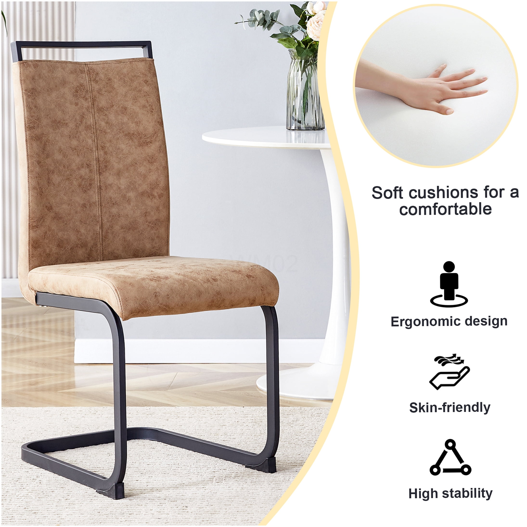 Brown Tech Cloth Dining Chairs Set of 2 - High Back Upholstered Side Chairs with C-Shaped Metal Legs for Kitchen, Dining Room, Office - Image 2