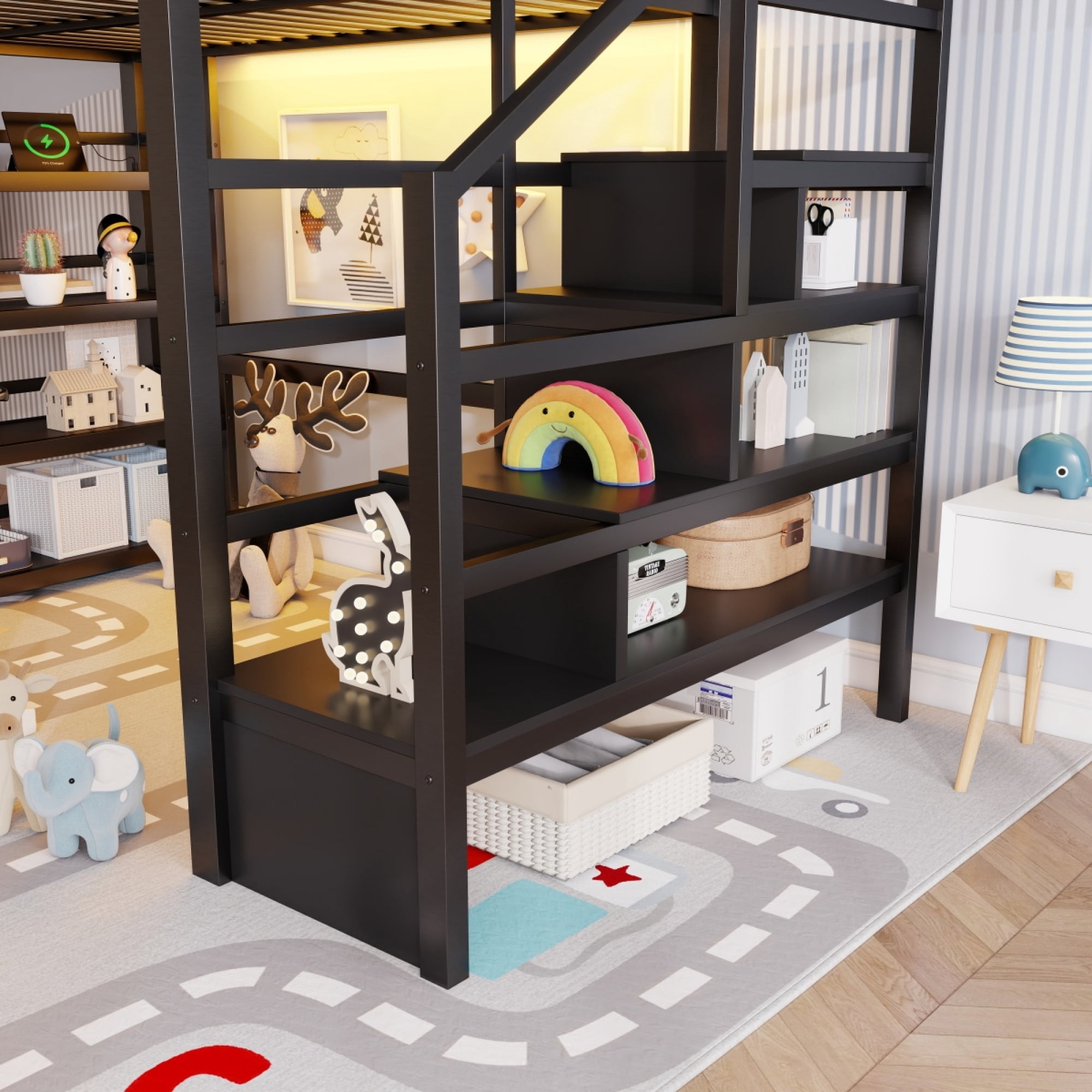 Full Loft Bed with 4 Shelf Storage Rack and Charging Station, Metal Full Loft Bed with Stairs Storage for Bedroom,Black - Image 4