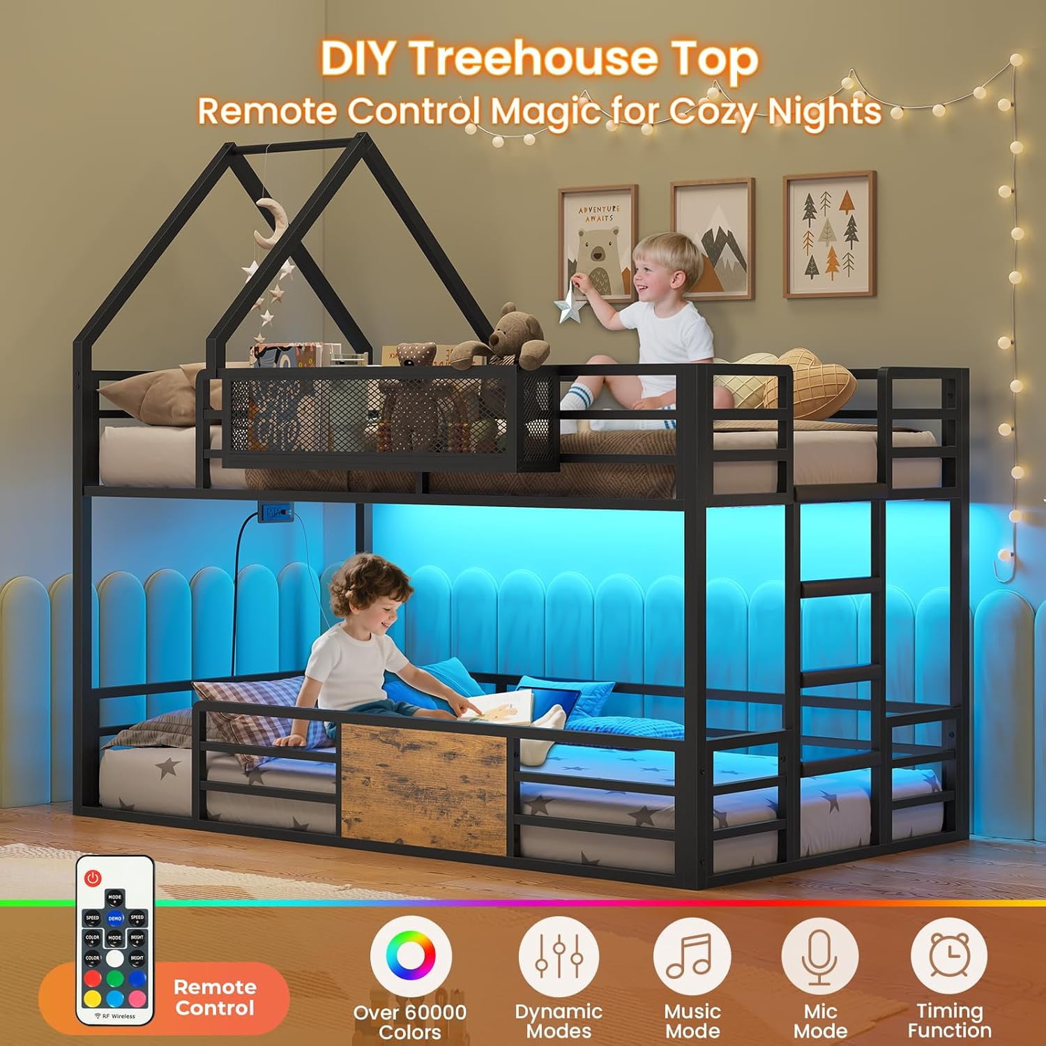 House Bunk Bed Twin Over Twin with Storage Shelf & RGB Lights - Image 7