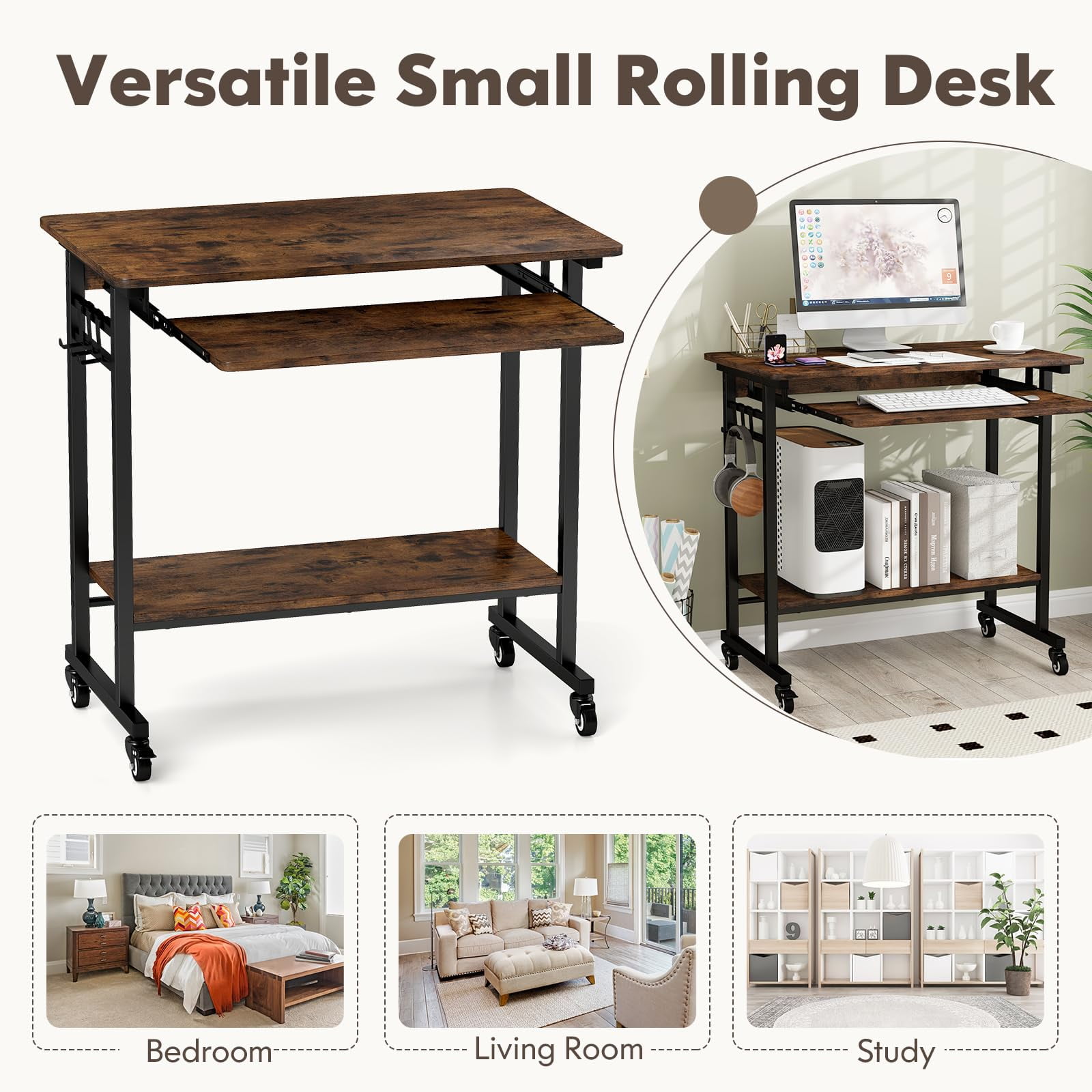 Small Rolling Computer Desk with Keyboard Tray, Portable Laptop Cart with CPU Stand & 3 Hooks, Space-Saving Workstation for Home Office - Image 5