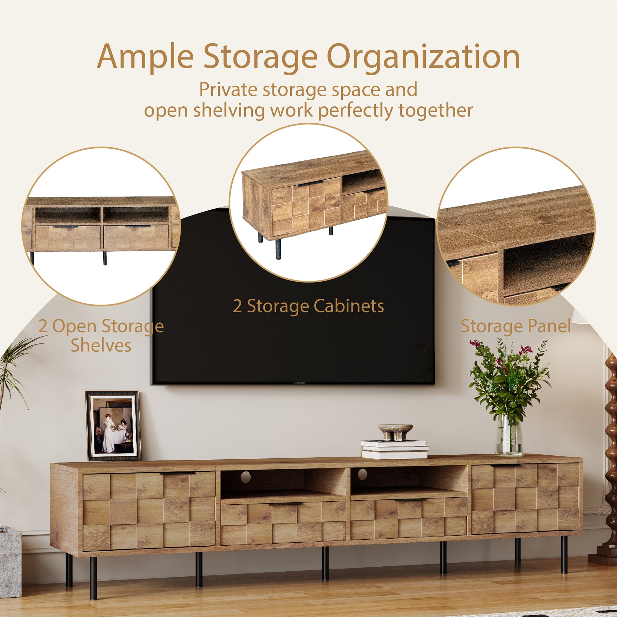 78.7" Mid Century TV Stand for 85" TVs, Media Console with 2 Drawers & Storage Cabinet, Natural Entertainment Center for Living Room, Bedroom - Image 2