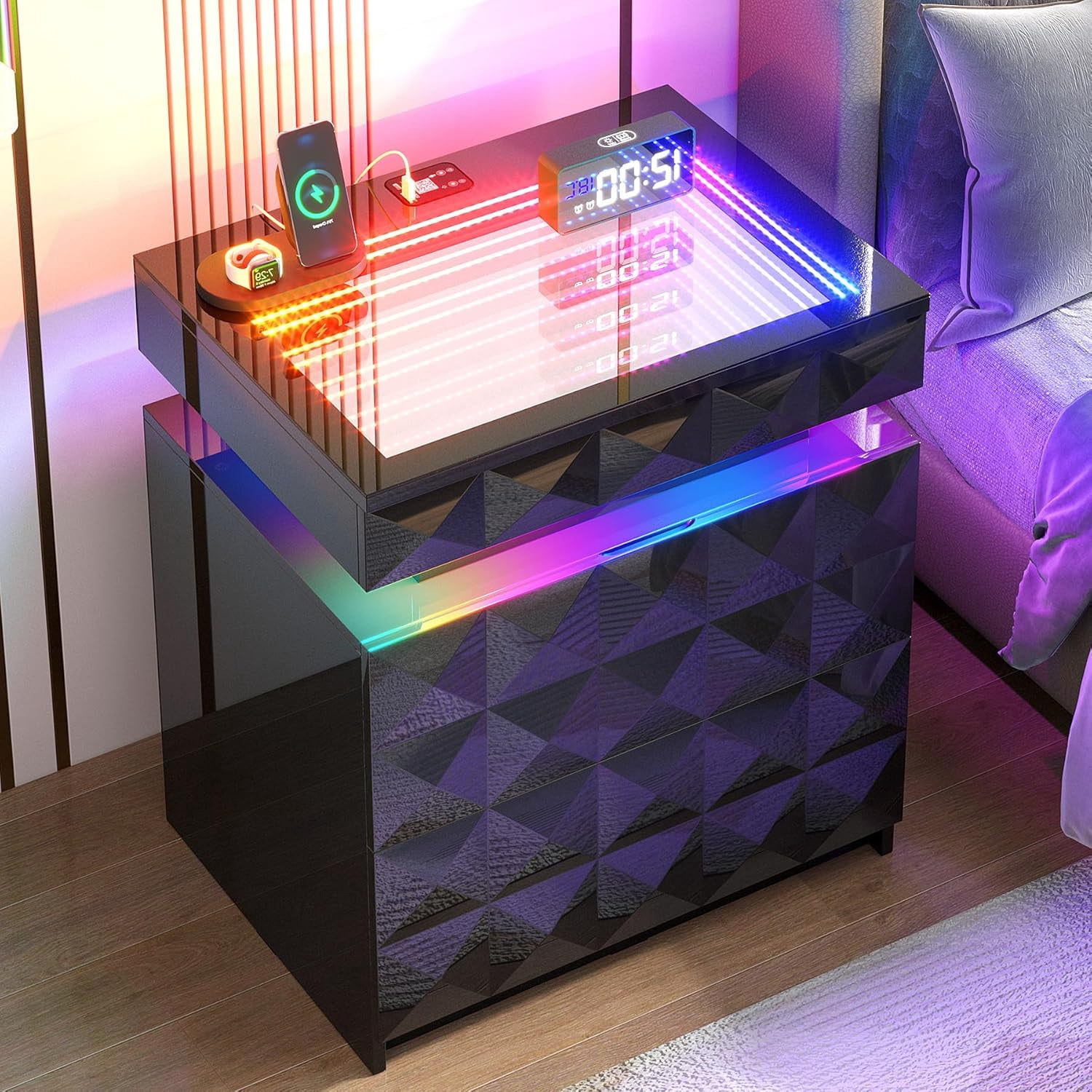 Bedside Table with Charger Station and RGB Lights, Nightstand with 3 Drawers and Sliding Top, Modern Night Stand with Human Body Sensor for Bedroom & Living Room - Image 2