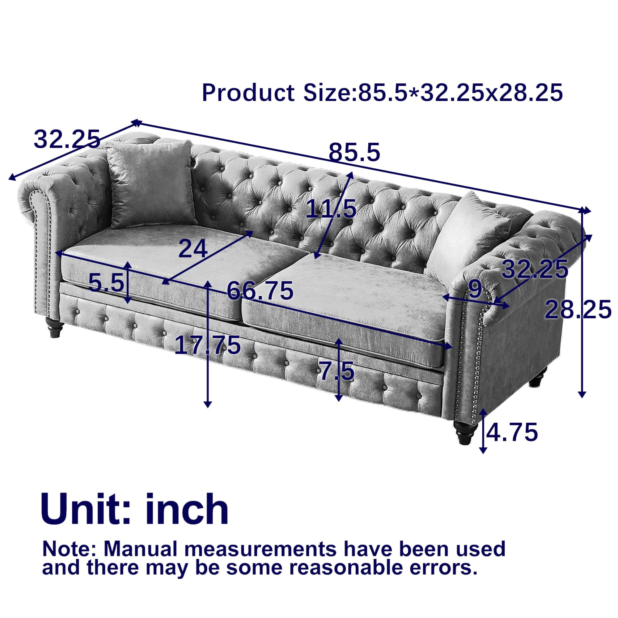 85.5" Rolled Arm 3 Seater Sofa, Tech Fabric Performance Couch with Button Tufted Design, Heavy Duty Wood Frame 750lbs Capacity, Brown - Image 7