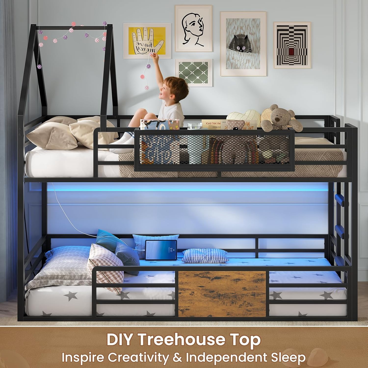 House Bunk Bed Twin Over Twin with Storage Shelf & RGB Lights - Image 2