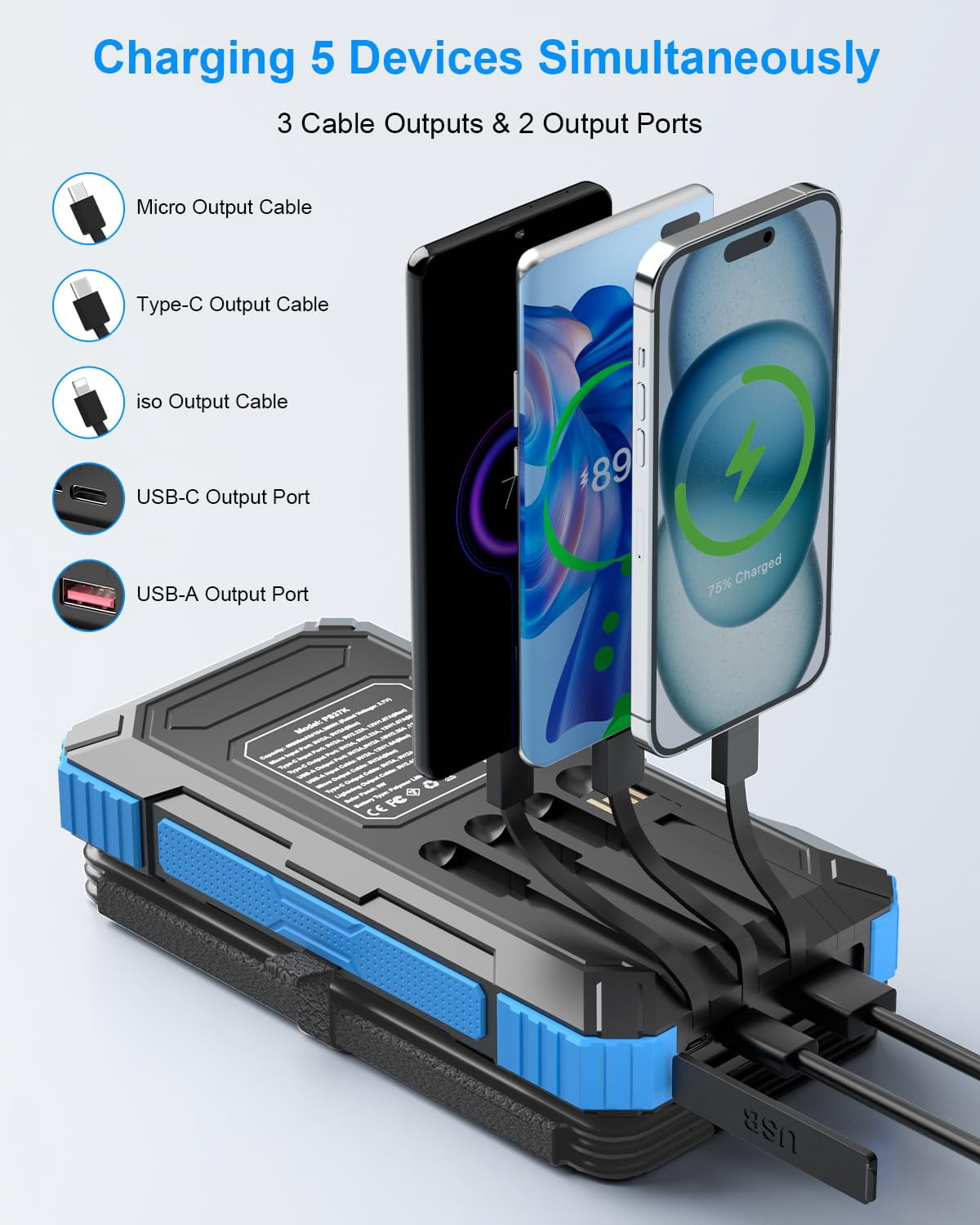 Solar Power 49800mah With 4 Built-in Cables & 3 Foldable Panels Pd22.5w Fast Portable Phone External Pack Usb-c In/output Flashlight For Outdoor Camping - Image 4