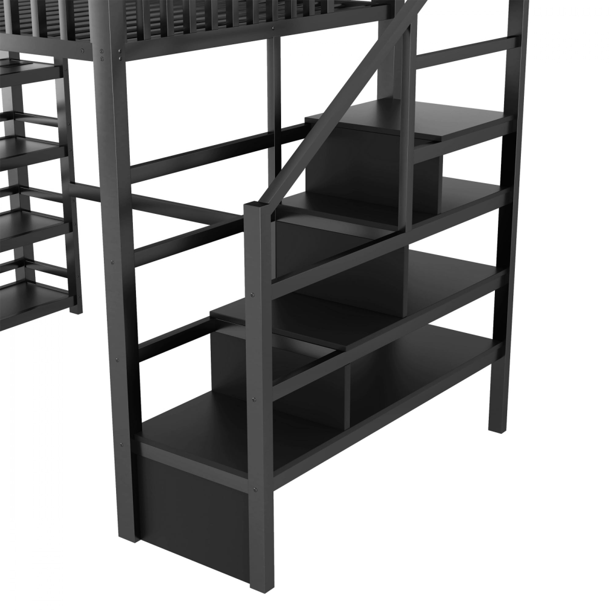 Full Loft Bed with 4 Shelf Storage Rack and Charging Station, Metal Full Loft Bed with Stairs Storage for Bedroom,Black - Image 8