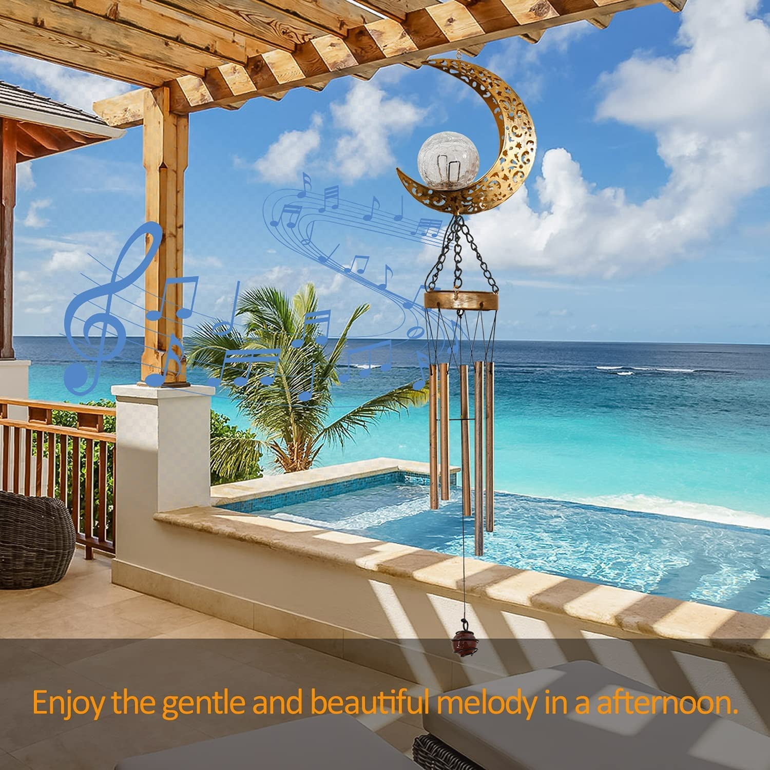 Rirool Solar Wind Chimes Retro Brass Moon Design with LED Crackle Glass Globe, 5 Metal Tubes, Warm Light, Outdoor Garden Decoration, Memorial Gift for Yard, Patio - Image 8