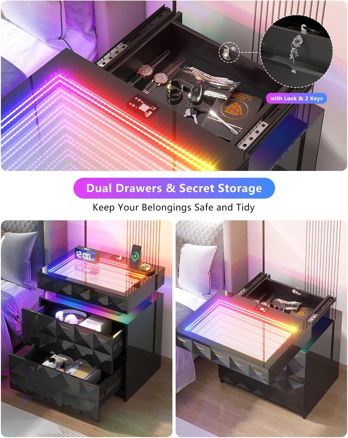 Bedside Table with Charger Station and RGB Lights, Nightstand with 3 Drawers and Sliding Top, Modern Night Stand with Human Body Sensor for Bedroom & Living Room - Image 4