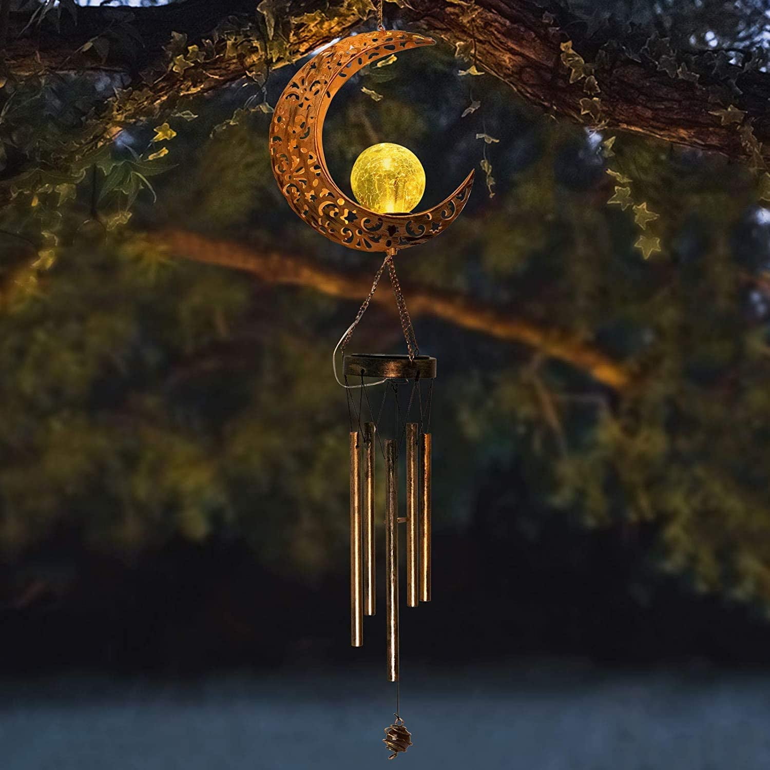 Rirool Solar Wind Chimes Retro Brass Moon Design with LED Crackle Glass Globe, 5 Metal Tubes, Warm Light, Outdoor Garden Decoration, Memorial Gift for Yard, Patio - Image 2