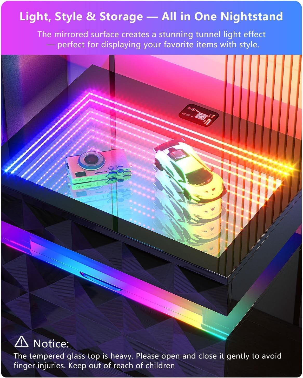 Bedside Table with Charger Station and RGB Lights, Nightstand with 3 Drawers and Sliding Top, Modern Night Stand with Human Body Sensor for Bedroom & Living Room - Image 3