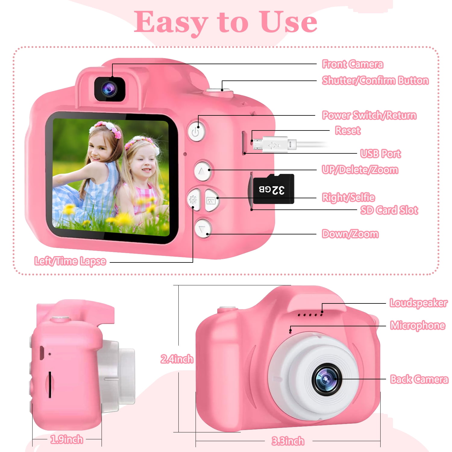 Rirool HD Kids Digital Camera for Girls 3-12, 13MP Video & Photo Camera with 32GB SD Card, Selfie Camera for Toddlers, Best Birthday Gift for 3-10 Year Old Girls (Pink) - Image 5