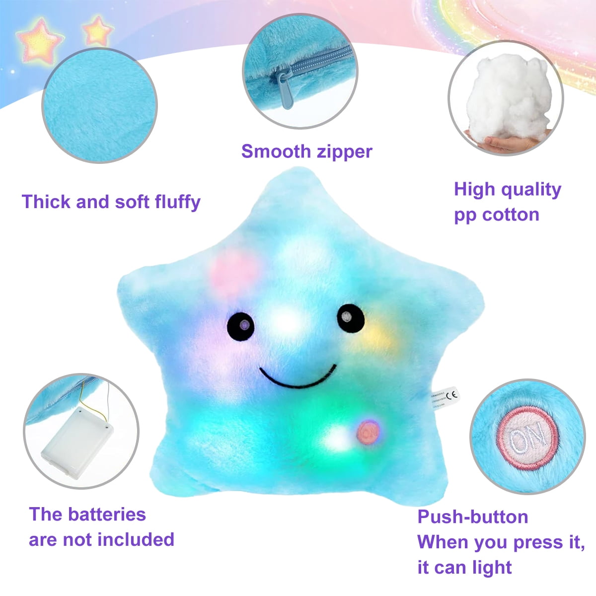 Rirool 14'' Creative Twinkle Star Glowing LED Night Light Plush Pillows Light up Stuffed Animal Toys Birthday for Toddler Kids - Blue - Image 5