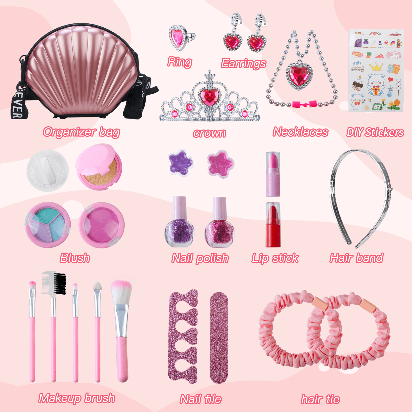 Rirool Girls Makeup Kit โ Washable Play Cosmetics with Pink Seashell Bag, Nail Stickers, Lipsticks, Eyeshadow & Brushes, Ages 3-10 - Image 6