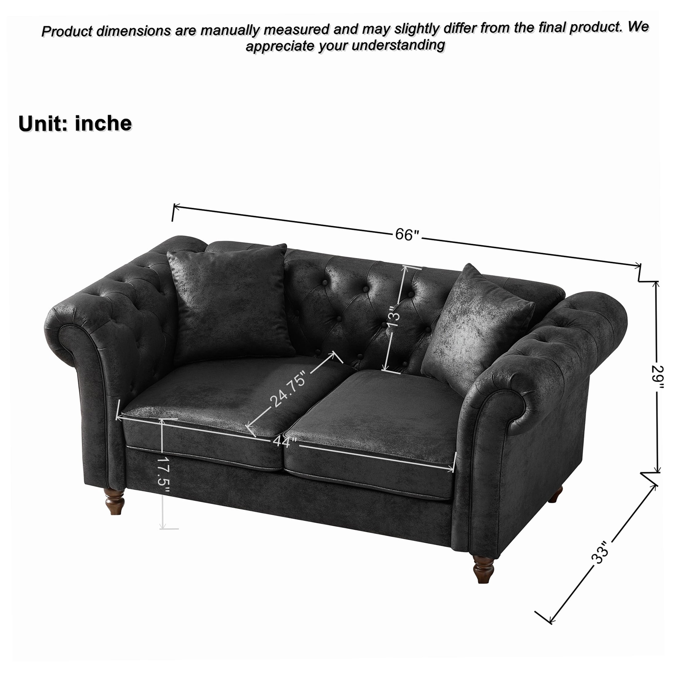 Black Chesterfield Tech Fabric Sofa, 66" Modern 2-Seater Couch with Rolled Arms, Upholstered Sofa for Living Room, Apartment, Office - Image 2