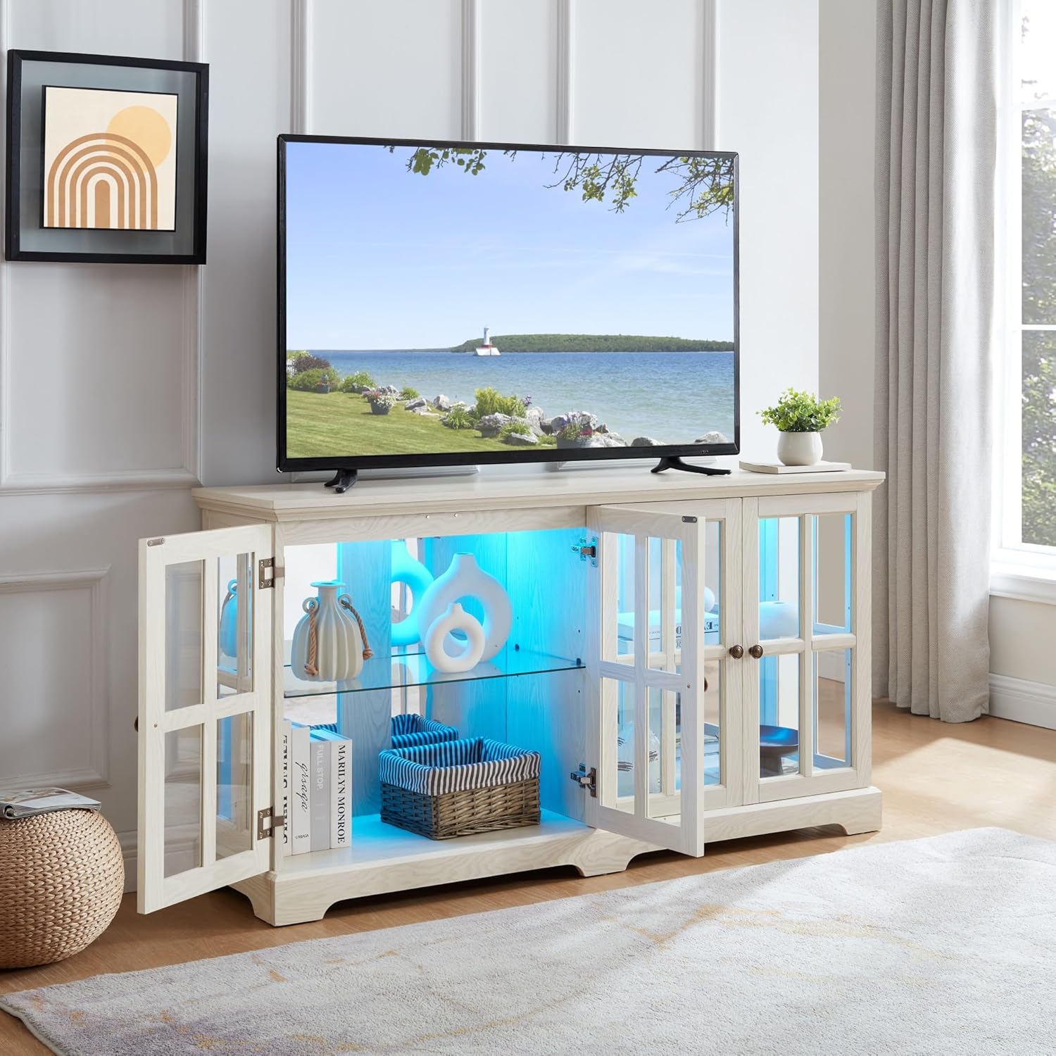 59" W LED Glass Display with 7 Color Lights, Vintage Curio Cabinet with 4 Glass Doors and Adjustable Shelves, Wooden China Case with Smartphone-Controlled for Living Room (White) - Image 9