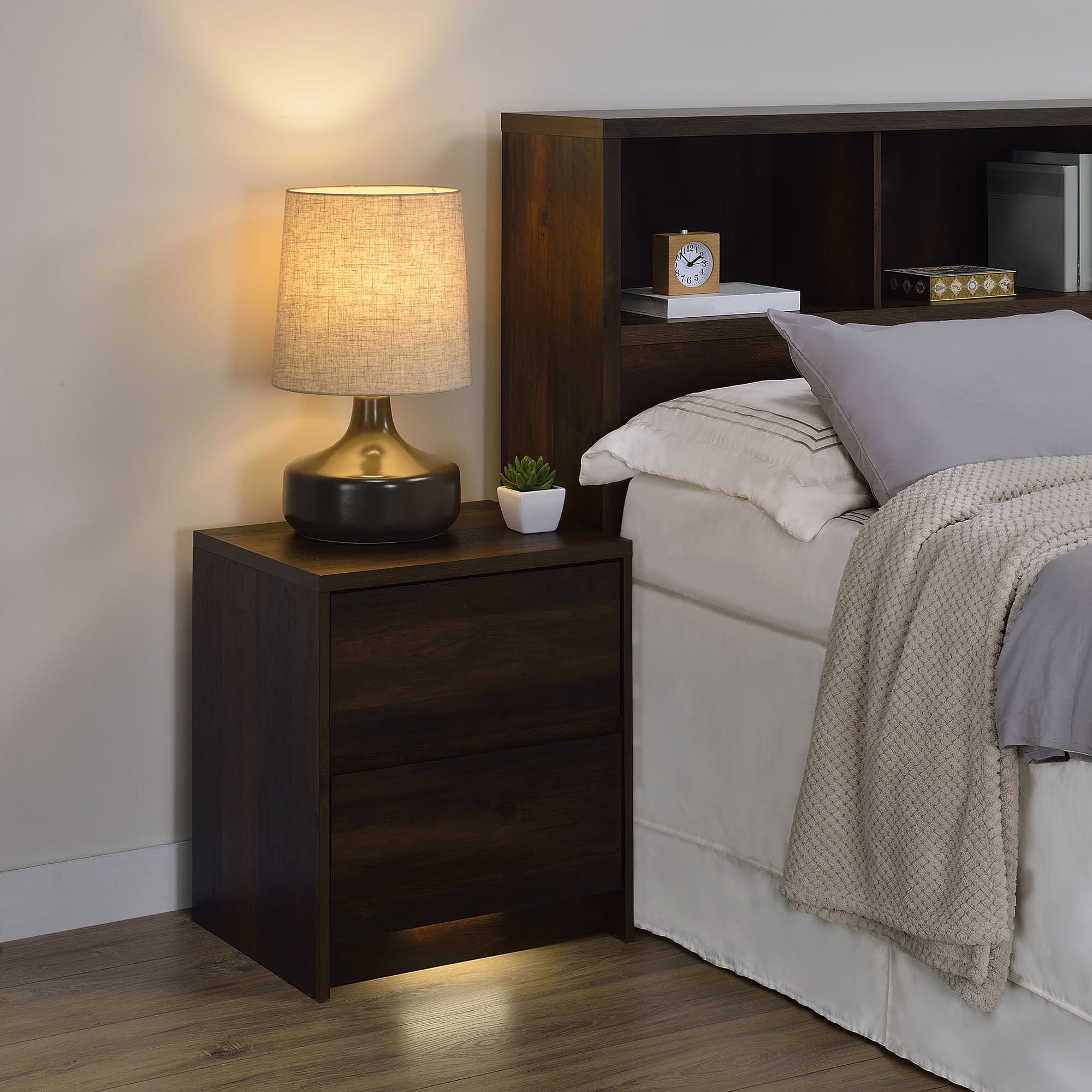 Geary Dark Pine 2-Drawer Nightstand with LED Motion Sensor Light & Dual USB-A/C Ports | Engineered Wood | 23.5" H x 19.75" W | Bedroom Furniture - Image 14