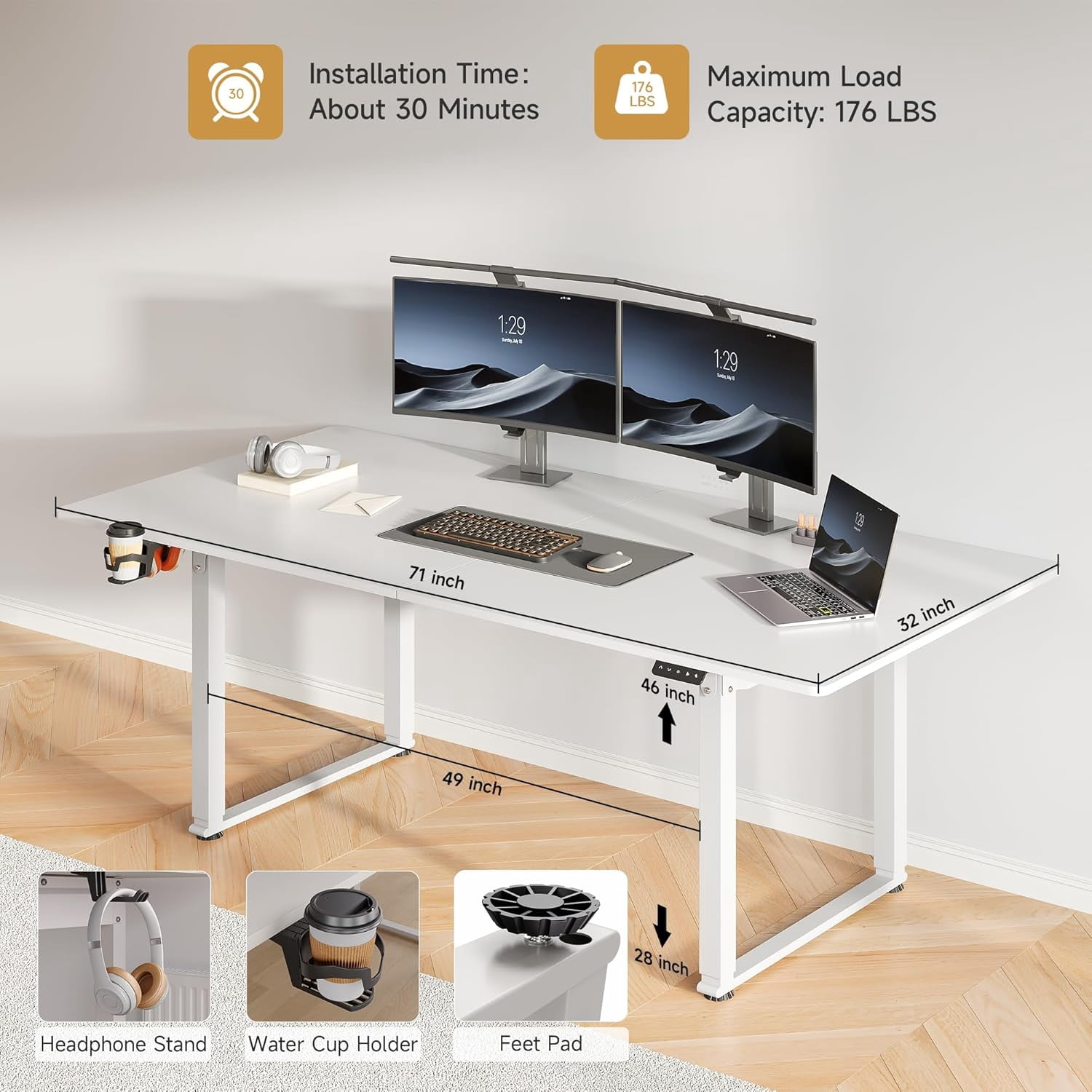 71x32 Inch Adjustable Standing Desk with 4 Legs, Stand-up Desk Features a Spacious Rectangular Top, Dual-Motor Lift, and Memory Presets (28-46Inch) for Home Offices or Computer Workstations, White - Image 5