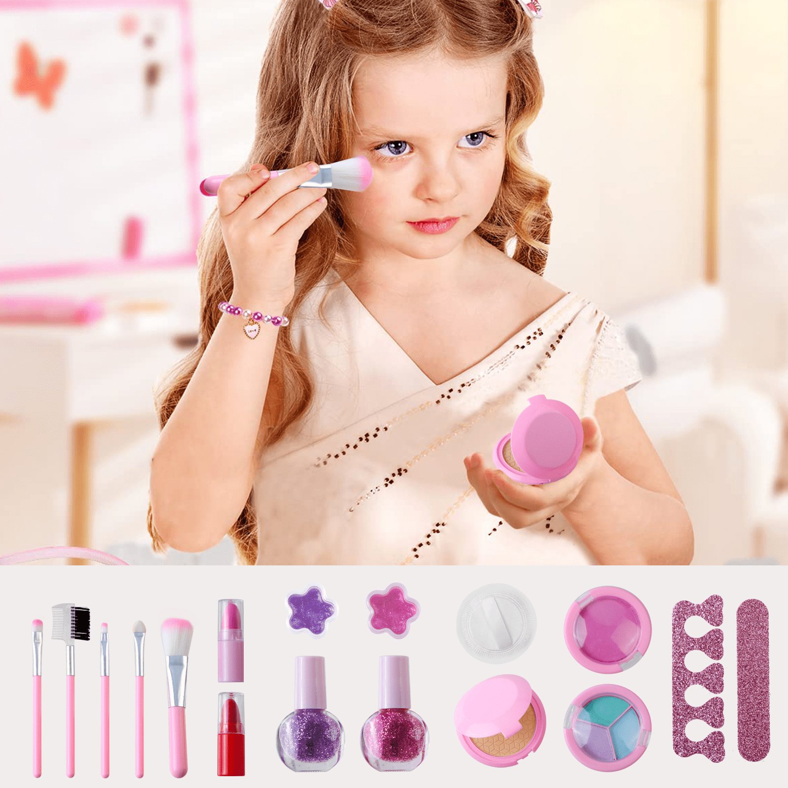 Rirool Girls Makeup Kit โ Washable Play Cosmetics with Pink Seashell Bag, Nail Stickers, Lipsticks, Eyeshadow & Brushes, Ages 3-10 - Image 7