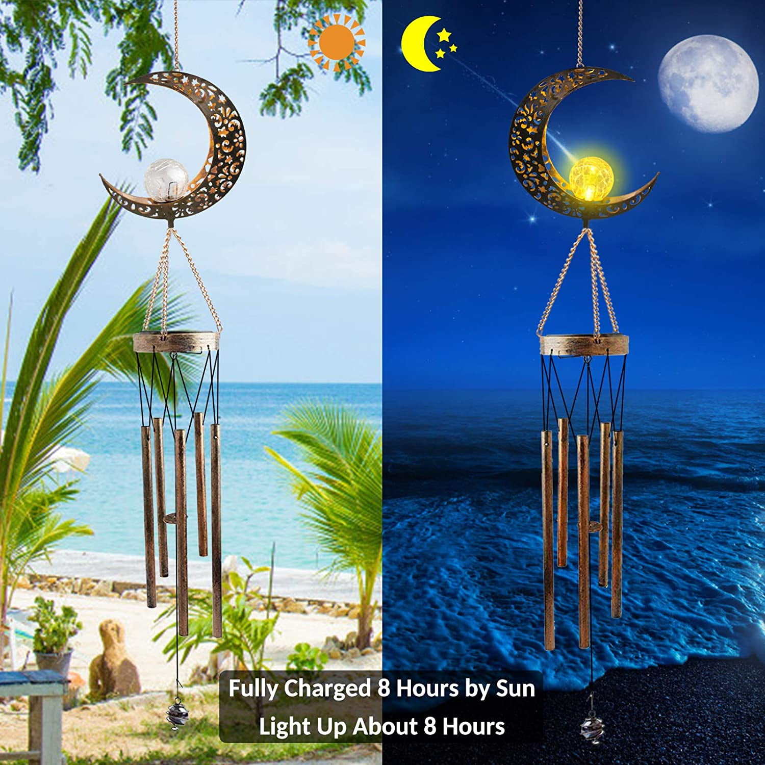 Rirool Solar Wind Chimes Retro Brass Moon Design with LED Crackle Glass Globe, 5 Metal Tubes, Warm Light, Outdoor Garden Decoration, Memorial Gift for Yard, Patio - Image 5