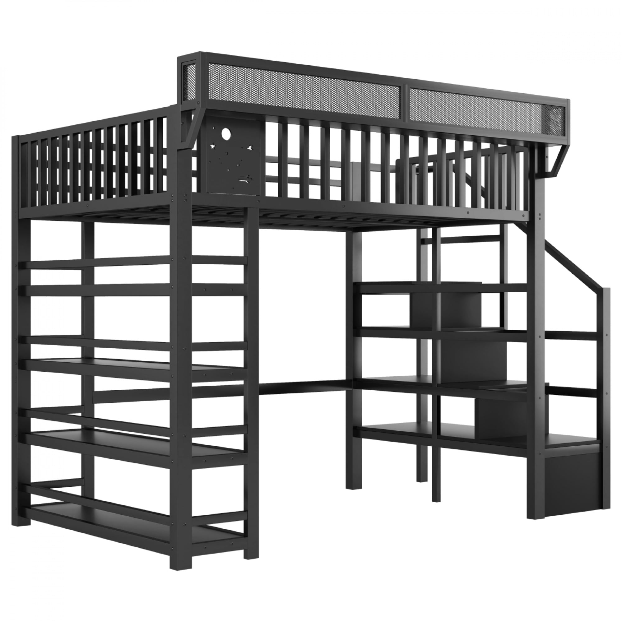 Full Loft Bed with 4 Shelf Storage Rack and Charging Station, Metal Full Loft Bed with Stairs Storage for Bedroom,Black - Image 12