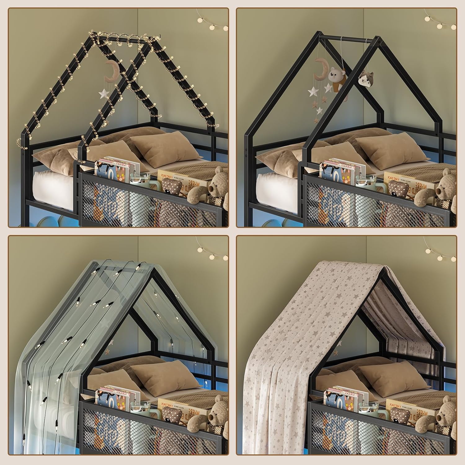 House Bunk Bed Twin Over Twin with Storage Shelf & RGB Lights - Image 4