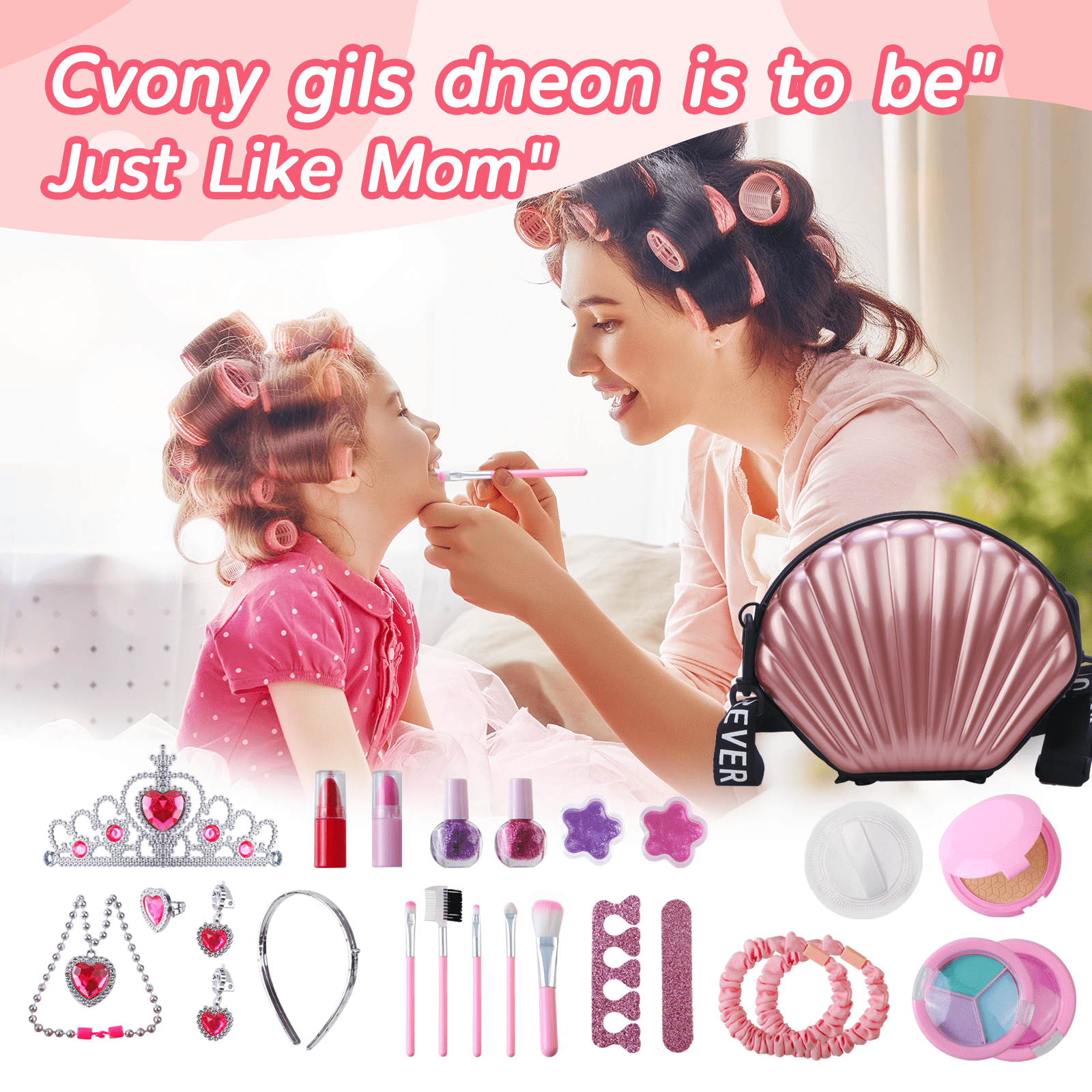 Rirool Girls Makeup Kit โ Washable Play Cosmetics with Pink Seashell Bag, Nail Stickers, Lipsticks, Eyeshadow & Brushes, Ages 3-10 - Image 3