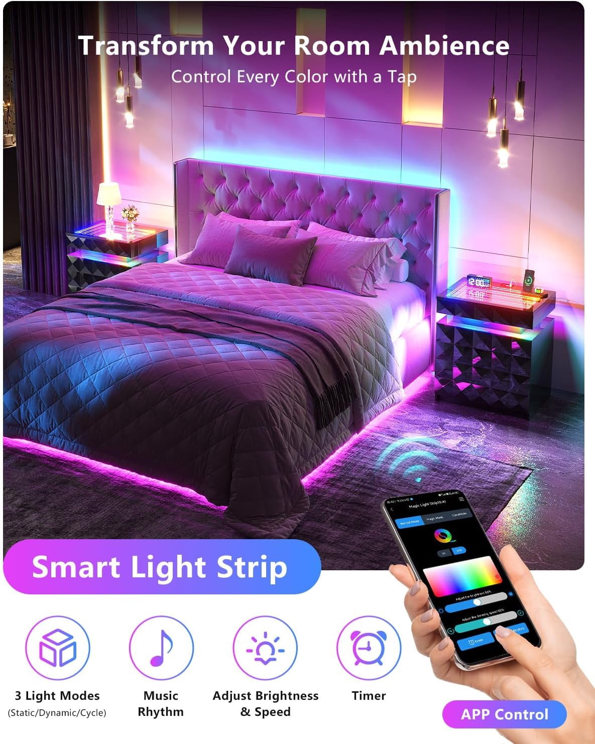 Bedside Table with Charger Station and RGB Lights, Nightstand with 3 Drawers and Sliding Top, Modern Night Stand with Human Body Sensor for Bedroom & Living Room - Image 5