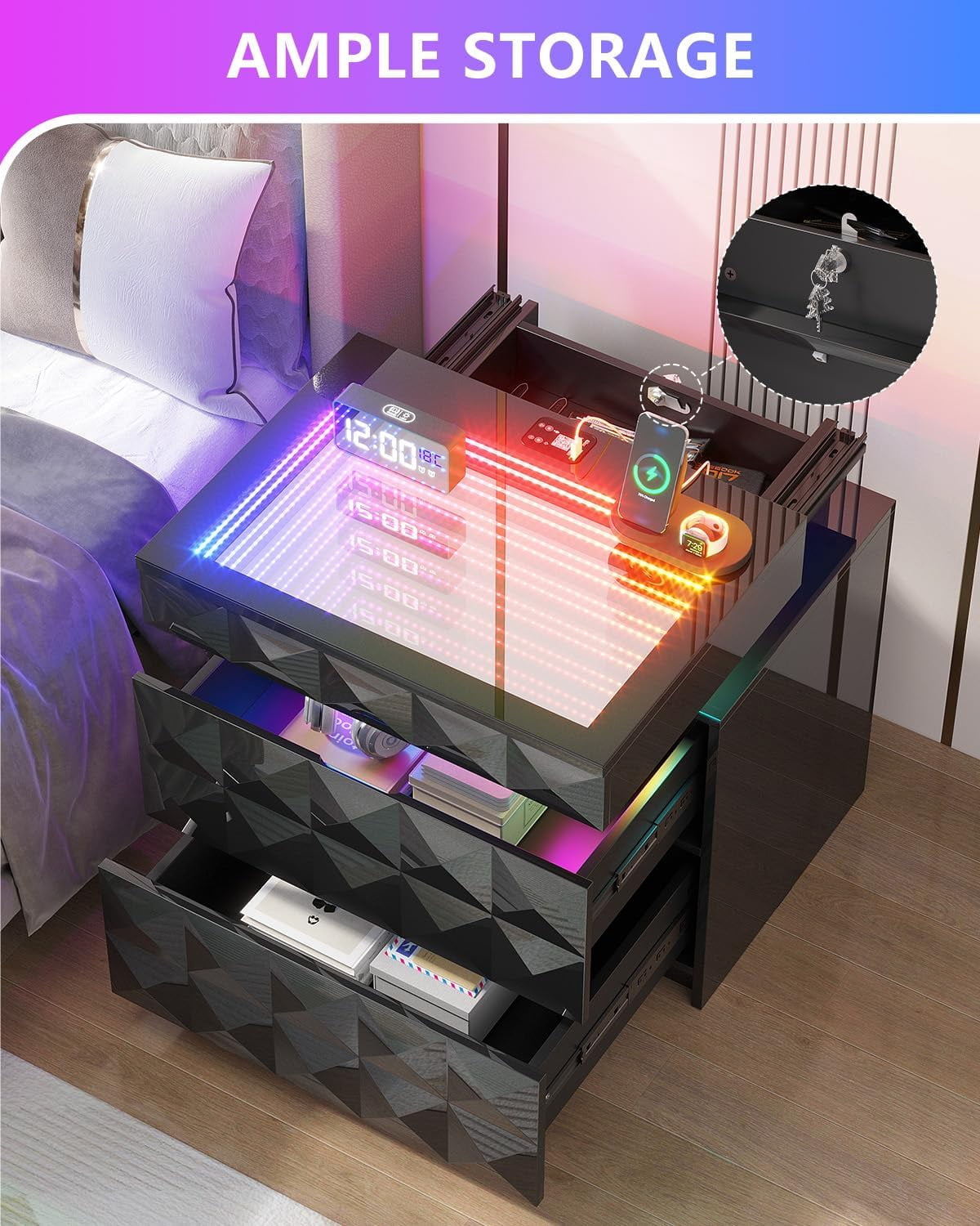 Bedside Table with Charger Station and RGB Lights, Nightstand with 3 Drawers and Sliding Top, Modern Night Stand with Human Body Sensor for Bedroom & Living Room - Image 7