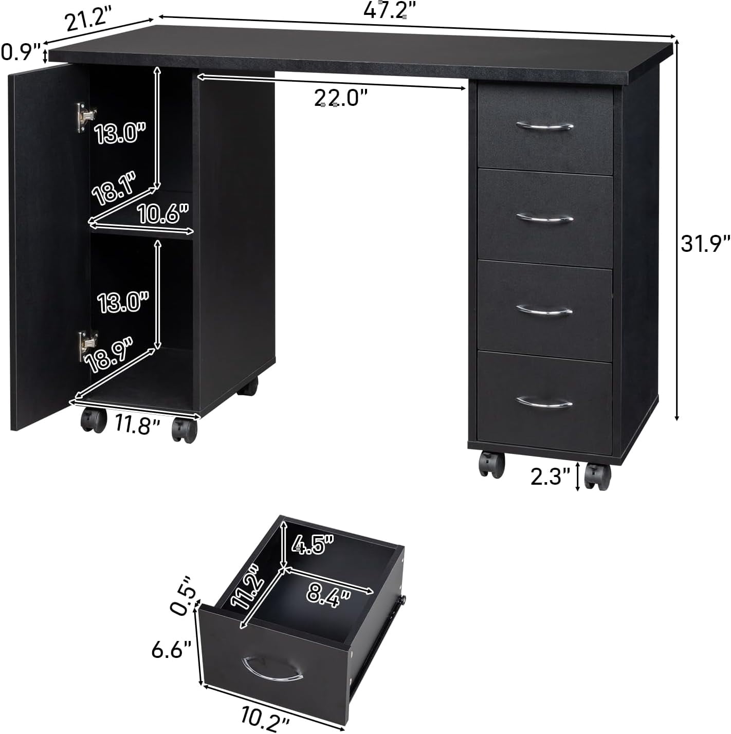 Karl home Manicure Table Nail Desk with Wrist Rest, 47.2"*21.3"*31.9" Nail Station or Nail Tech, Beauty Salon Nail Supplies Decor Workstation,with Storage Drawers & Cabinet, Black - Image 3