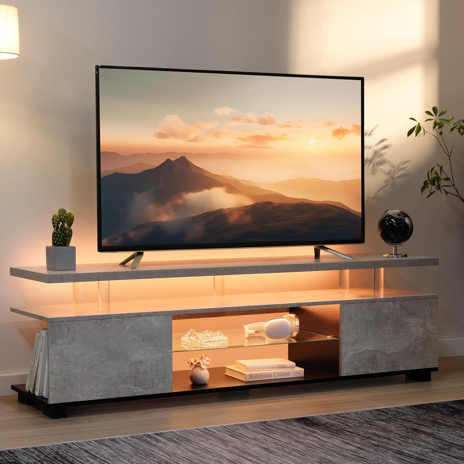 YWEN Grey TV Stands for Living Room,Glass TV Stand, LED TV Stand for 75+ inch TV,Entertainment Center for Living Room,Bedroom,Home Office