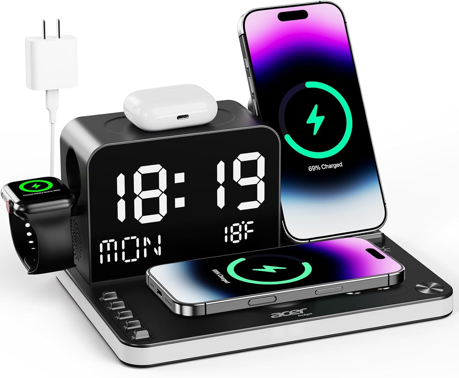 Acer Gadget 7-in-1 Charging Station Charger Stand for Multiple Devices for Apple - iPhone 17 16 15 14 13 12 Pro Max Apple Watch Airpods, iPhone Charger Station with Bluetooth TimeSyn