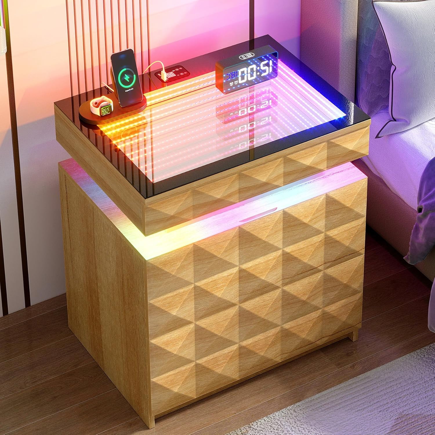 Bedside Table with Charger Station and RGB Lights, Nightstand with 3 Drawers and Sliding Top, Modern Night Stand with Human Body Sensor for Bedroom & Living Room