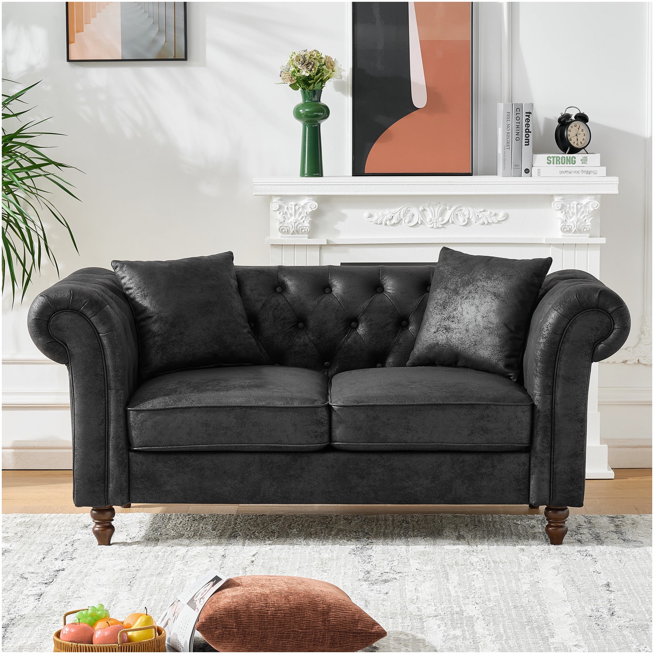 Black Chesterfield Tech Fabric Sofa, 66" Modern 2-Seater Couch with Rolled Arms, Upholstered Sofa for Living Room, Apartment, Office
