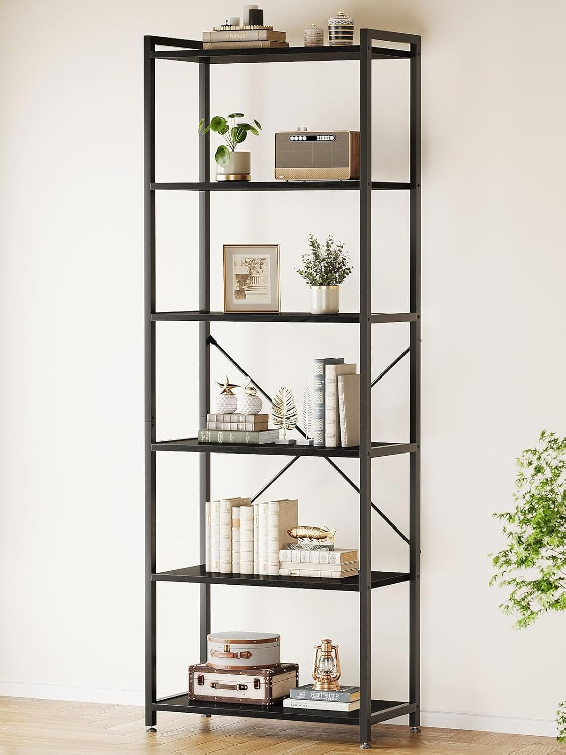 Book Shelf, 6/7 Tier Tall Bookshelf, Modern Wood Bookcase Shelves for Bedroom, Industrial Display Shelf for Living Room Home Office Kitchen, Standing Shelving Unit Storage Organizer
