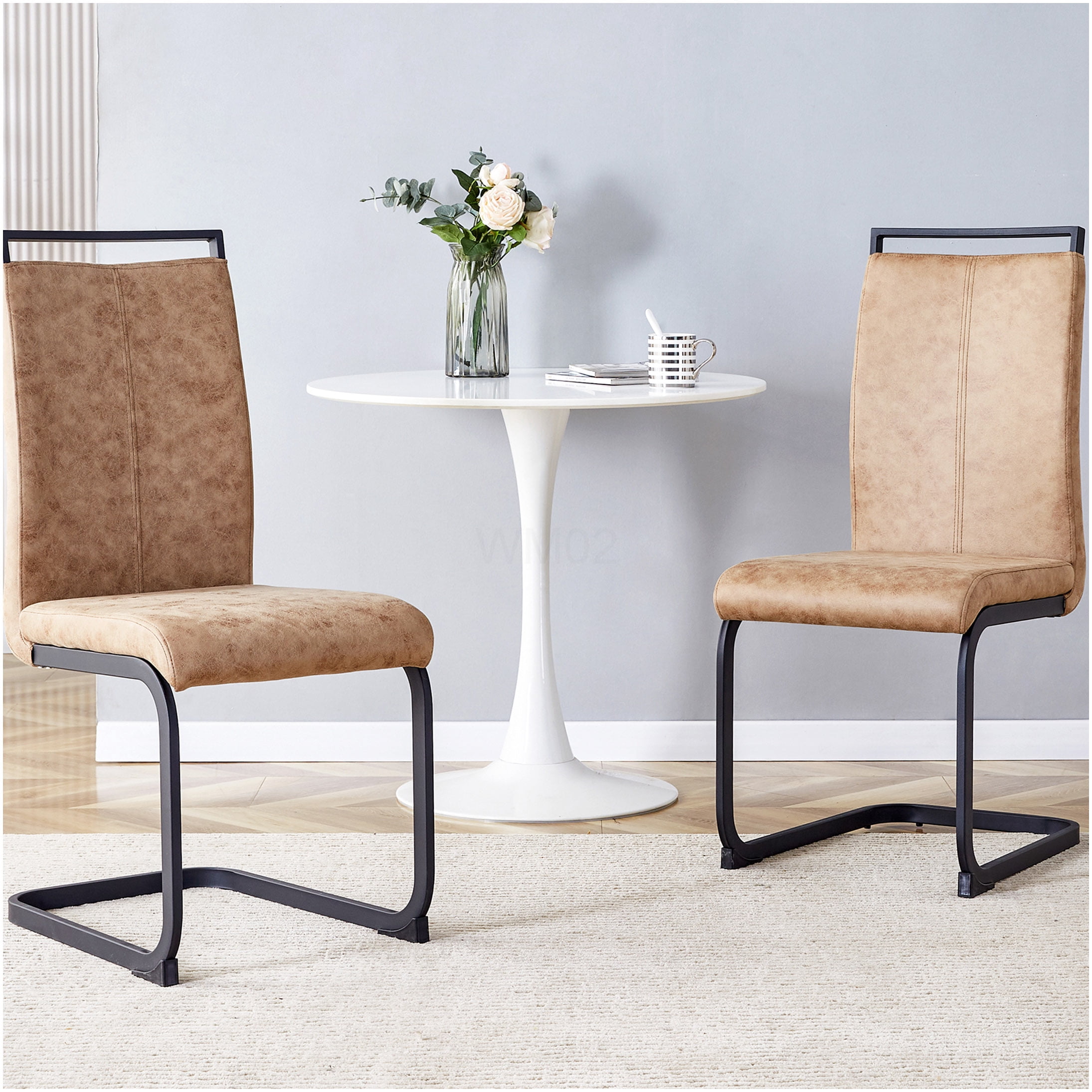 Brown Tech Cloth Dining Chairs Set of 2 - High Back Upholstered Side Chairs with C-Shaped Metal Legs for Kitchen, Dining Room, Office