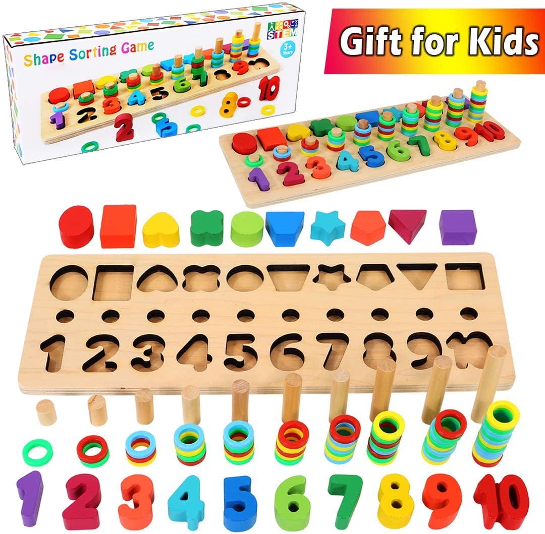 Rirool Educational Montessori Wooden Toys for Toddlers - Number & Shape Stacking Blocks, Color Sorting Puzzle, Math & Learning Game for Kids Ages 3-5 Years