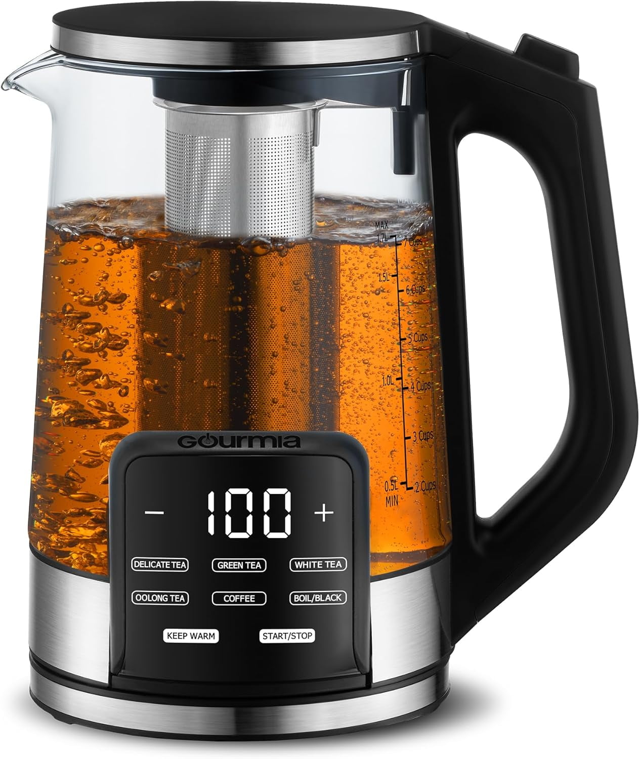 Electric Programmable Glass Kettle – 1.7L Temperature Control Tea & Coffee Kettle with Digital Touch Display, 6 Presets, Keep Warm, Removable Stainless Steel Infuser, 360° Swivel Base – Black